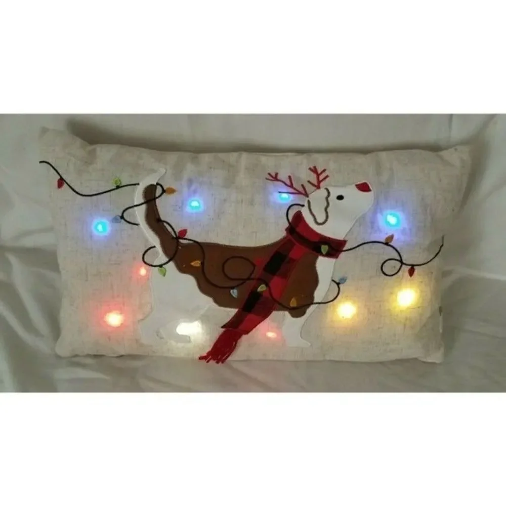 174 Accent Pillow Reindeer Dog Christmas Holiday Blinking Light-Up Buffalo Plaid